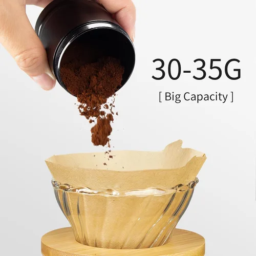 Vista 6 de Molinillo de café manual con ajuste numérico externo ajustable, capacidad 1.06 oz con rebabas cónicas de acero inoxidable CNC (negro)