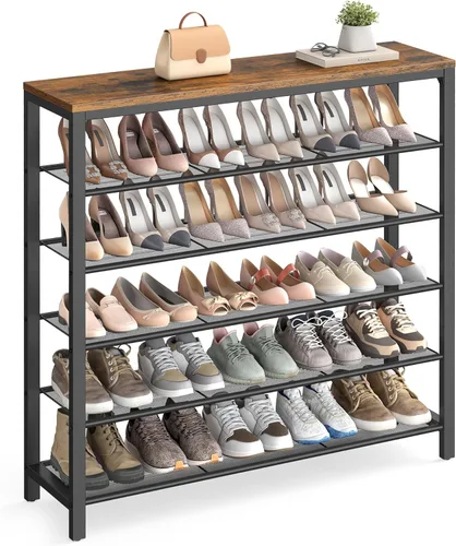 Vista 11 de VASAGLE Zapatero de 4 niveles, organizador grande de almacenamiento de zapatos para armario, entrada, 15-20 pares, con 3 estantes de malla metálica