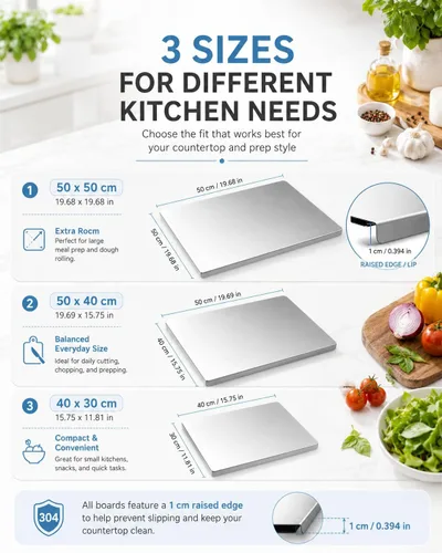 Vista 5 de Tabla de cortar de acero inoxidable con labio, tablas de cortar de acero inoxidable para cocina, tablas de cortar de acero inoxidable 304 con borde