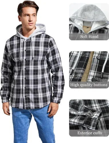 Vista 5 de IVUMA Camisas de algodón a cuadros de manga larga para hombre, chaqueta de franela con forro polar, camisas de franela Sherpa con botones y capucha