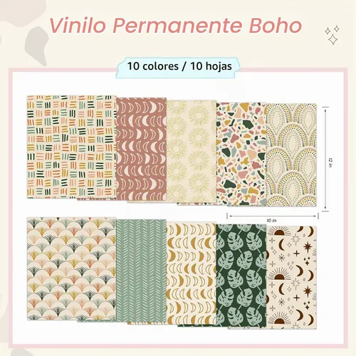 Vista 2 de Tintnut Vinilo Adhesivo Permanente Boho - 10 Hojas 12"x10" Patrón de Luna y Estrellas Vinilo Autoadhesivo Estrellas Boho Vinilo Permanente para DIY