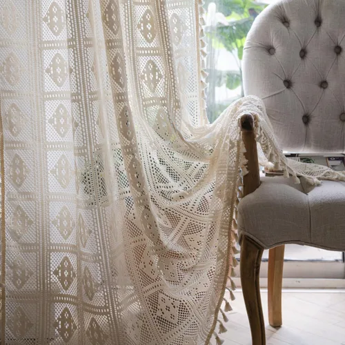 Vista 2 de Bringsine - Cortinas de crochet bohemias de algodón para sala de estar, cortinas de ventana para dormitorio con oscurecimiento, cortina