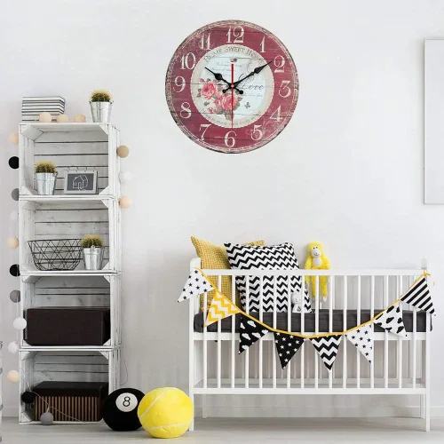Vista 7 de YeYo Reloj de pared redondo rojo simple estilo europeo rosa reloj de pared madera MDF impermeable flores silenciosas decoración para el hogar, sala