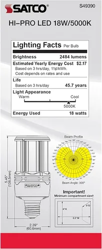 Vista 8 de Satco Bombilla LED de mazorca de maíz de 18 W, repuesto HID para iluminación de garaje y comercial, luz diurna de 5000 K, base E26, derivación