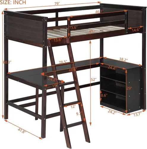 Vista 2 de Harper & Bright Designs Cama tipo loft individual con escritorio y 3 estantes, marco de cama tipo loft de madera maciza con escalera en ángulo