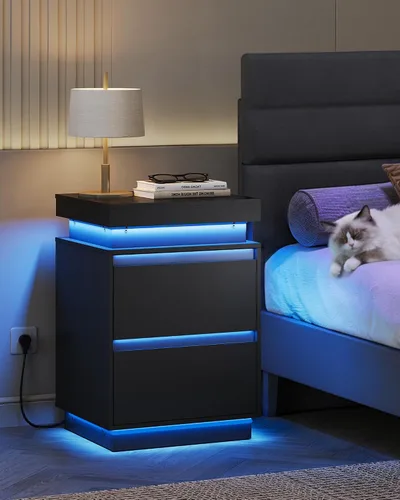 Vista 9 de WLIVE Mesita de noche negra con estación de carga y luces LED, mesita de noche con 2 cajones de madera y parte superior deslizante, mesa auxiliar