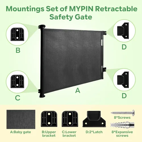 Vista 2 de Kit de piezas de repuesto retráctil para puerta de bebé, juego completo de accesorios de montaje en pared con soportes, anclajes y tornillos (negro)