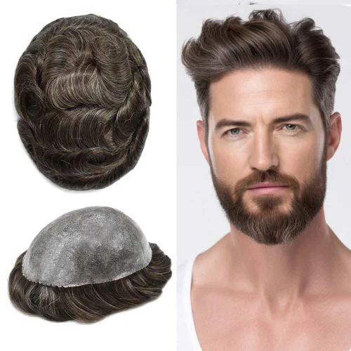 Vista 45 de Mens Toupee Hair System para hombres Piezas de pelo Sistema de reemplazo Poly Skin Toupee para hombres Protesis Capilar Para Hombre 6X8#1 Jet Black