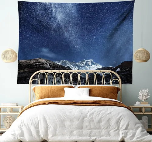 Vista 5 de Ambesonne Tapiz espacial tamaño King, montañas del Himalaya en la noche estrellada con estrellas, tierra y cosmos en tierras del norte, colcha