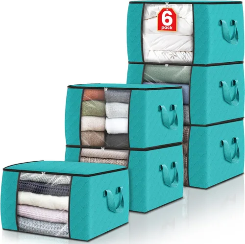 Vista 33 de Fab totes Paquete de 3 bolsas de almacenamiento plegables de tela gruesa, contenedores para organizar dormitorio, armario, ropa, edredón, Beige