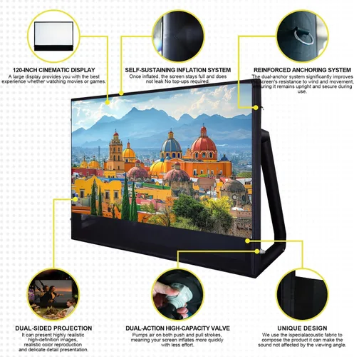 Vista 5 de Pantalla de proyector inflable I Diseño hermético sin soplador, hecho de lona de TPU, 120 pulgadas (equivalente a 16 pies) para uso en interiores