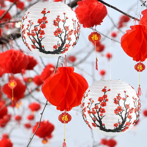 Vista 6 de Mototo Kit de 30 faroles de papel chinos japoneses, 12 pulgadas, flor de cerezo japonés con flor de cerezo rojo para festival de primavera, Año
