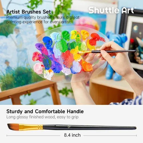 Vista 3 de Shuttle Art Juego de 12 pinceles de pintura con estuche, formas y tamaños surtidos para acrílico, acuarela, óleo y gouache, pinceles de artista