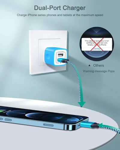 Vista 6 de AILKIN - Cargadores para iPhone con certificación MFI, cable Lightning trenzado de 6 pies de largo USB Wall Charger, Fast Charging Power Cord Plug
