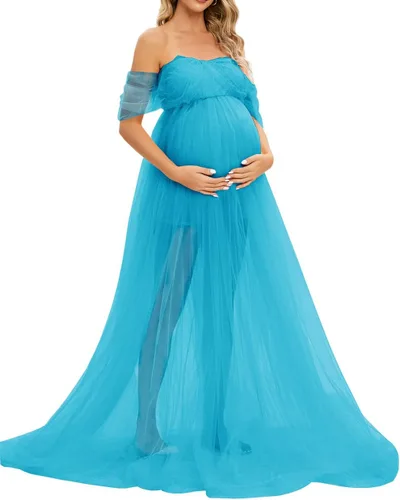 Vista 4 de ZIUMUDY Vestido largo de sesión de fotos de tul con hombros descubiertos para maternidad, manga caída, vestido de tul transparente