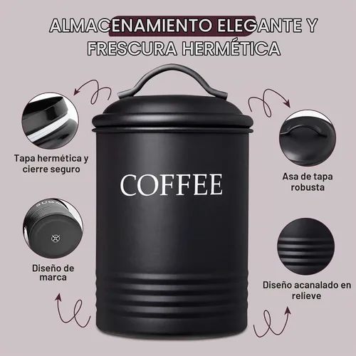 Vista 3 de Juego de 3 recipientes de cocina negros – Recipientes herméticos para almacenamiento de alimentos con tapas para azúcar, café y té, juego de tarros