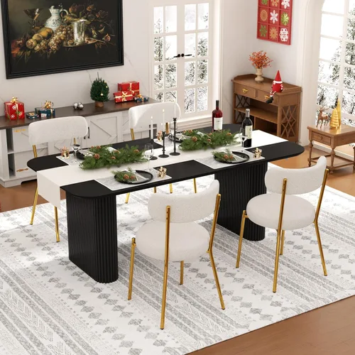Vista 10 de Juego de mesa de comedor ovalada negra moderna de 70.9 pulgadas para 4, mesa de cocina rectangular estilo crema con sillas negras Boucle, juego
