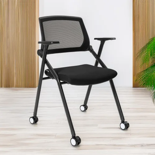 Vista 2 de Paquete de 2 sillas plegables de oficina para sala de conferencias con ruedas, apilables, color negro, silla de computadora con brazos deslizantes