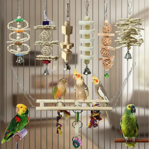 Vista 4 de Wooden Parrot & Parakeet Toys, Multi-Pack Bird Toy Set, Cage Accessories with Perch, 7 Piece Set Style 1