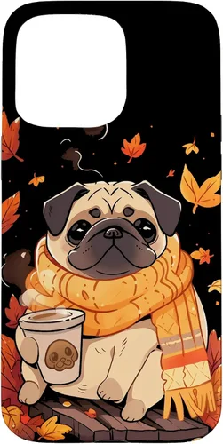 Vista 31 de Pug - Carcasa Kawaii para iPhone 17, diseño de hojas de otoño y calabaza