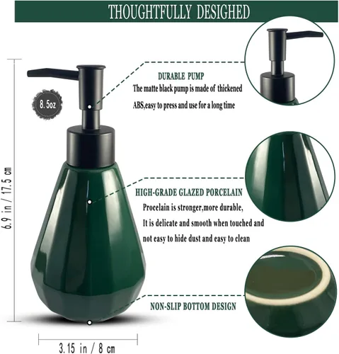 Vista 3 de Dispensador de jabón de cerámica recargable negro mate para baño y cocina, dispensador de jabón verde de 8.5 onzas con diseño minimalista moderno