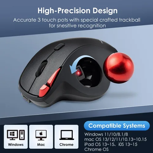 Vista 8 de SANWA Ratón de Trackball inalámbrico 2.4G, ratón óptico ergonómico, botones silenciosos programables, receptor USB-A y tipo C, control de pulgar, 4