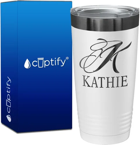 Vista 120 de Vaso personalizado de regalo de cumpleaños para mujeres y hombres, con monograma de escritura dividida, inicial y nombre grabado en negro, taza