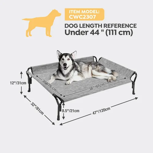 Vista 3 de Veehoo Cama elevada refrescante para perros, catres para perros grandes, cama elevada para perro con barandilla y reposacabezas inclinado, malla