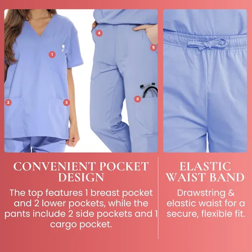 Vista 4 de Just Love Juego de uniforme médico para mujer de seis bolsillos con cuello en V y pantalón cargo