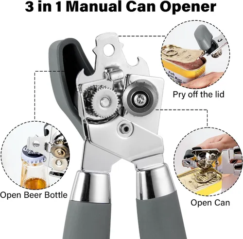 Vista 4 de TJ POP - Abrelatas manual, abrelatas de mano resistente, borde liso, perilla de fácil giro, con abrebotellas, utensilios de cocina, color gris