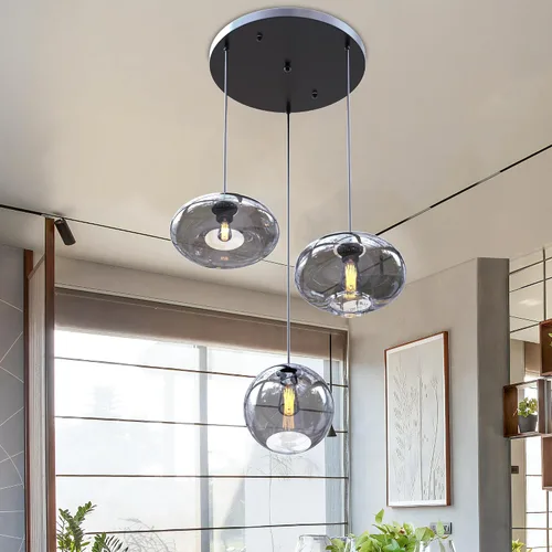 Vista 9 de Moderna Lámpara Colgante de 3 Luces de Vidrio en Tono Gris Ahumado con Globo de Cristal Clúster Lámpara de Techo de Estilo Nórdico con Múltiples