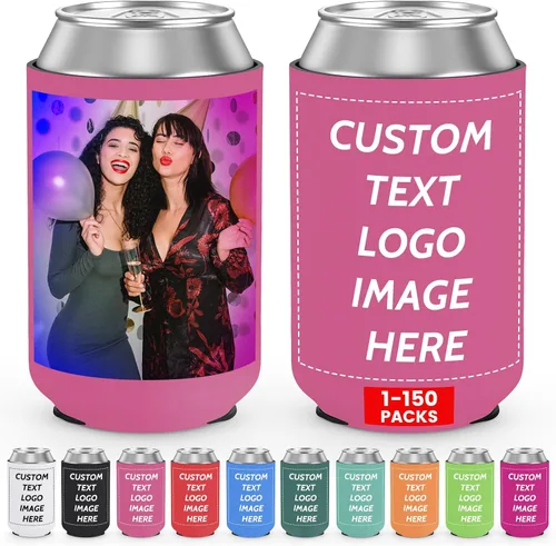 Vista 23 de Valyria Fundas enfriadoras de latas personalizadas, 1 unidad, plegable, aislante, soporte para bebidas con logotipo, imagen, texto para aniversario