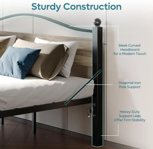 Vista 6 de Pinmoco Base de cama tamaño Queen con cabecero y estribo, cama de plataforma de metal resistente con espacio de almacenamiento debajo de la cama