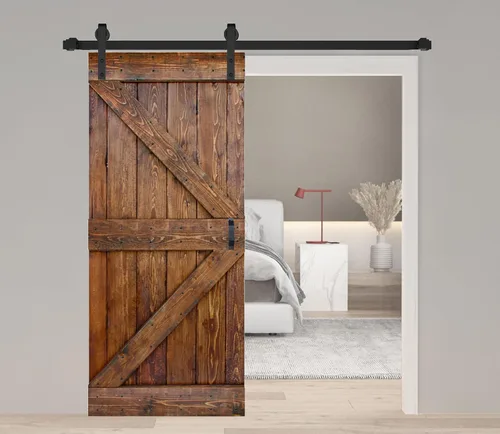 Vista 8 de Serie K. Puerta corredera de granero de madera maciza acabada con kit de herrajes (marrón/nogal, 24 x 84 pulgadas)