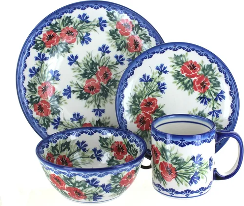 Vista 4 de Blue Rose Polish Pottery - Juego de vajilla de 16 piezas de piña marrón, 4 lugares, juego de vajilla de cerámica, regalo único de Navidad y vajilla