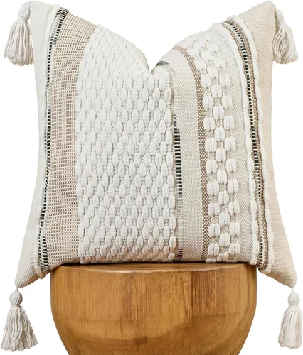 Vista 17 de AmHoo - Fundas de almohada de 18 x 18 pulgadas con borlas, fundas de almohada decorativas tejidas con textura de chenilla estilo boho para sofá