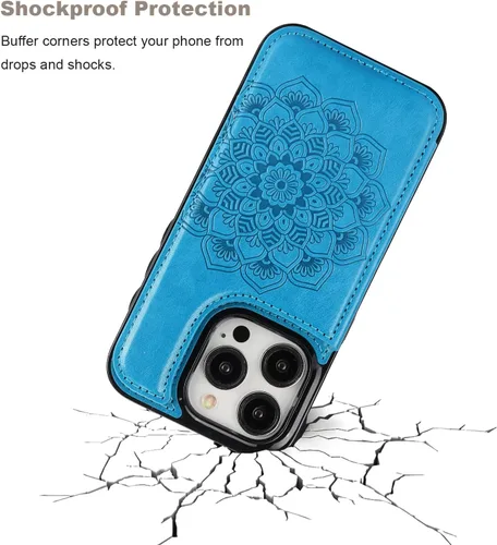 Vista 6 de Vaburs Funda compatible con iPhone 15 Pro con tarjetero y diseño de mandala en relieve, de piel sintética, doble botones, a prueba de golpes