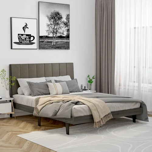 Vista 7 de Giantex Base de cama tapizada, soporte de listones de madera, base de colchón Queen con cabecera copetuda, cama de plataforma con patas de madera