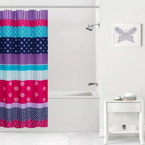 Vista 2 de A&L - 1 cortina de ducha para niños de 70 x 72 pulgadas, diseño de medallón floral aguamarina, decoración de baño, diseño de rayas de enrejado
