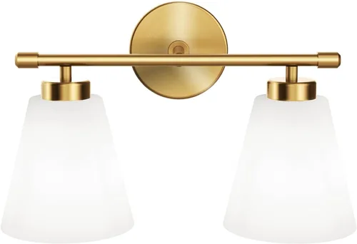 Vista 9 de Hamilyeah Lámpara de tocador de baño dorada con pantalla de vidrio esmerilado, 2 lámparas de tocador sobre espejo, 2 lámparas de pared para baño