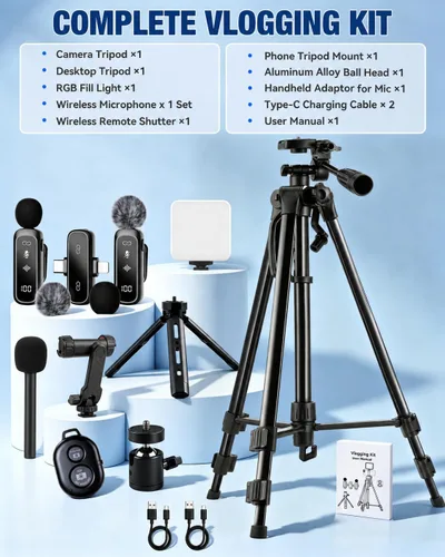 Vista 9 de Kit de vlogging para iPhone/Android, kit de inicio de TikTok YouTube para grabación de video con micrófono inalámbrico, adaptador de micrófono