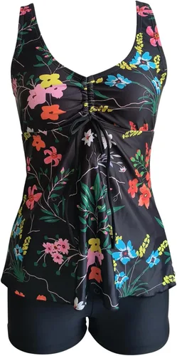Vista 5 de Traje de baño de dos piezas con estampado vintage y tirantes en la espalda para mujer, con control de abdomen