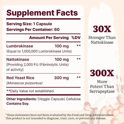 Vista 2 de Lumbrokinase 100 mg (Actividad máxima 1,000,000 LKU), Nattokinase 100 mg - 2,000 FU de actividad y arroz de levadura roja 300 mg, suplemento potente