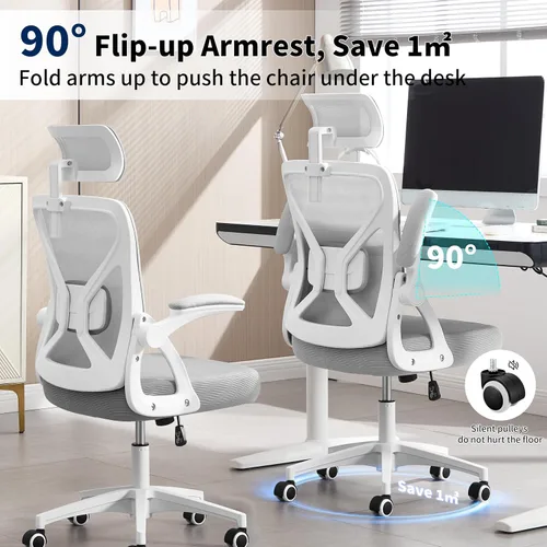 Vista 6 de Silla de Oficina, Silla de Escritorio Ergonómica con Soporte Lumbar Ajustable, Silla de Oficina Gris de 400 Libras Silla de Computadora de Malla