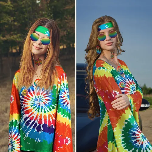 Vista 7 de Jiuguva Conjunto de 17 piezas de disfraz hippie de los años 60 y 70 para mujer, vestido de discoteca, pantalones bohemios, acampanados, camisa