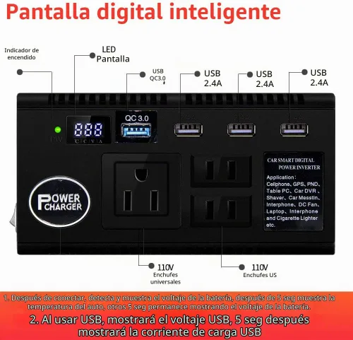 Vista 2 de Inversor de corriente para automóvil de 120 W, 12 V, 24 V CC a 110 V CA, 4 puertos USB, adaptador de cargador de coche con 3 salidas de CA