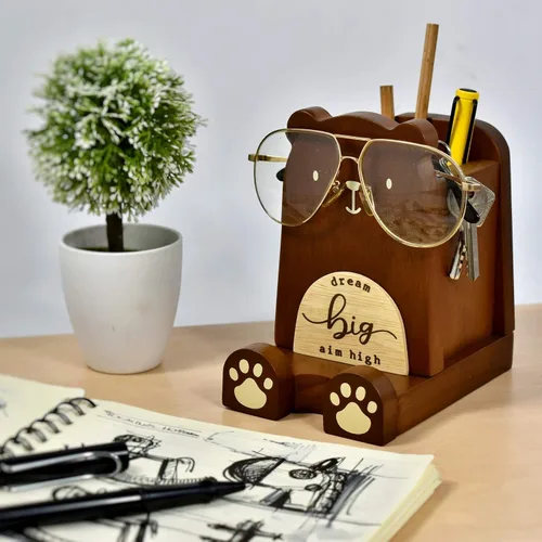 Vista 7 de I'm - Soporte multiusos de madera para lentes, teléfono, pluma y lápiz, accesorios de escritorio, decoración de escritorio, hogar, oficina Oso