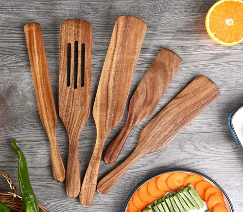 Vista 2 de Kit de 5 cucharas de madera para cocinar duradero de madera de acacia, herramientas y utensilios de cocina de mango largo para utensilios de cocina