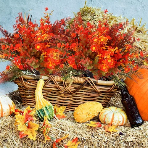 Vista 7 de Geosar 24 paquetes de flores artificiales de otoño para exteriores, resistentes a los rayos UV, flores amarillas y naranjas, flores falsas