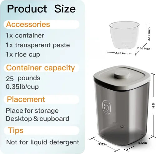 Vista 6 de Dispensador de arroz de 25 libras, contenedor de almacenamiento de arroz de 10.5 Qt/10 L/22-25 lbs con taza de medición y cepillo, contenedores